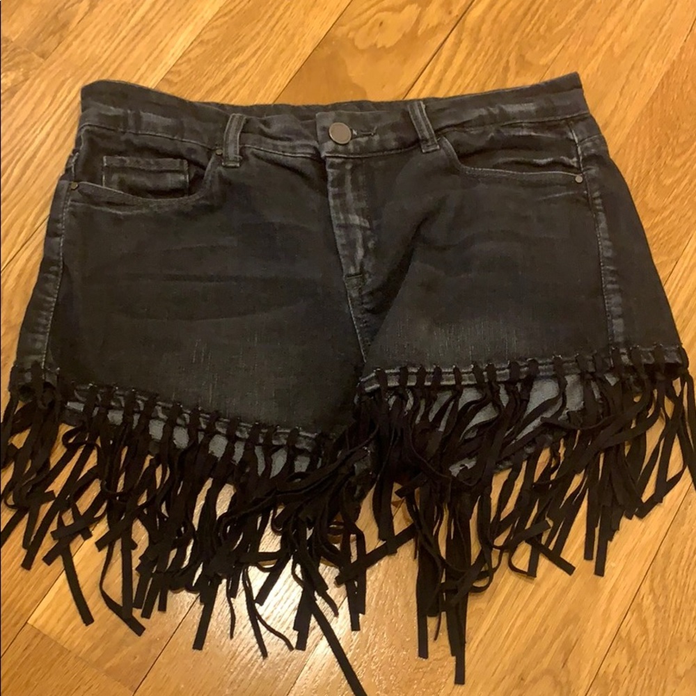 BLANK NYC black fringe denim and suede shorts